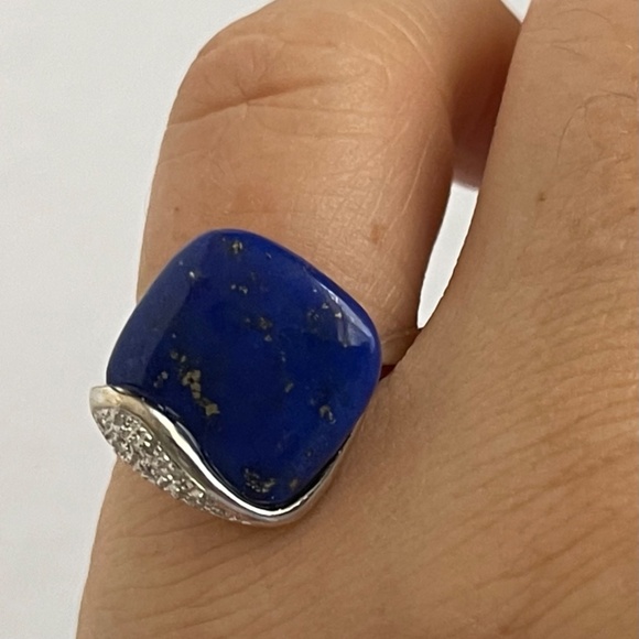 10k white gold lapis lazuli tiny diamonds ring size 8 1/4 - Picture 3 of 11